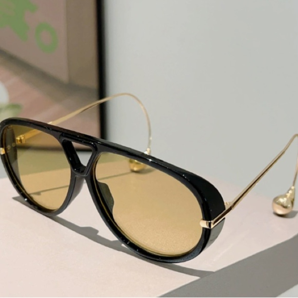 Men's Black Frame Sunglasses with Gold Temples and Brown Lenses